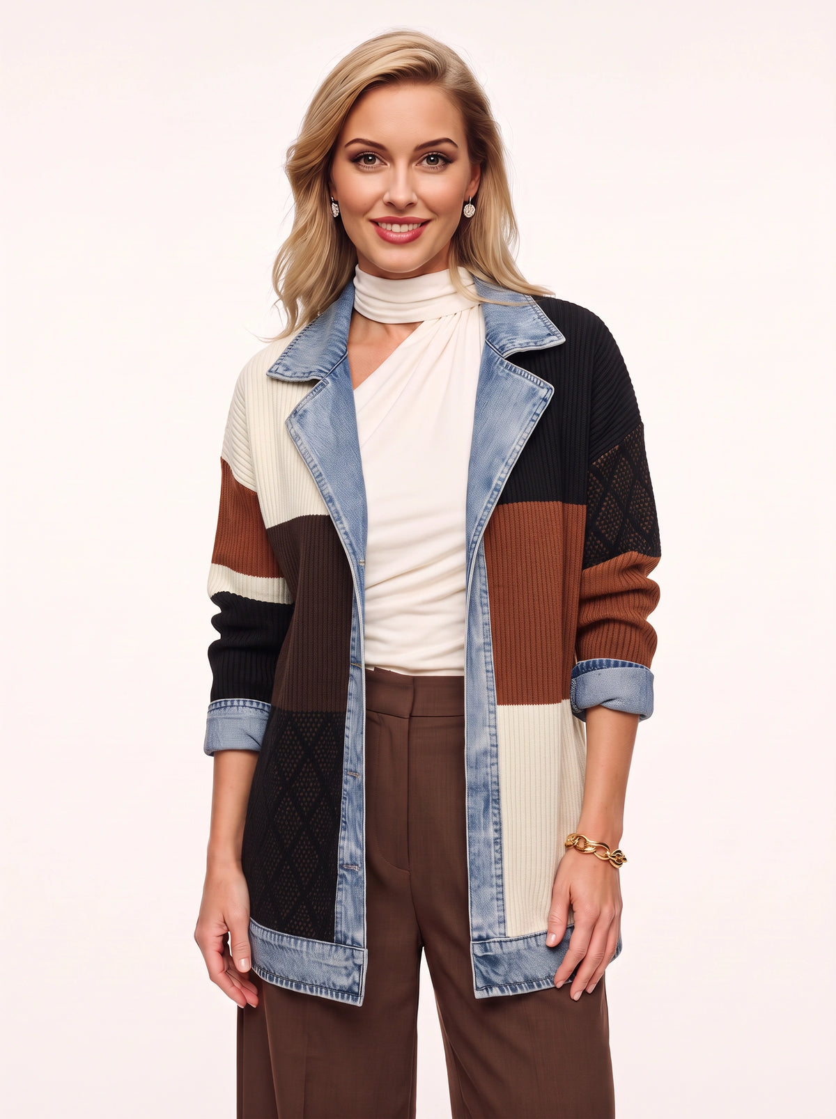 Trimborne Ribbed Denim-Trim Longline Cardigan – Ribbed Cardigan Women Casual Autumn Office Longline Jacket