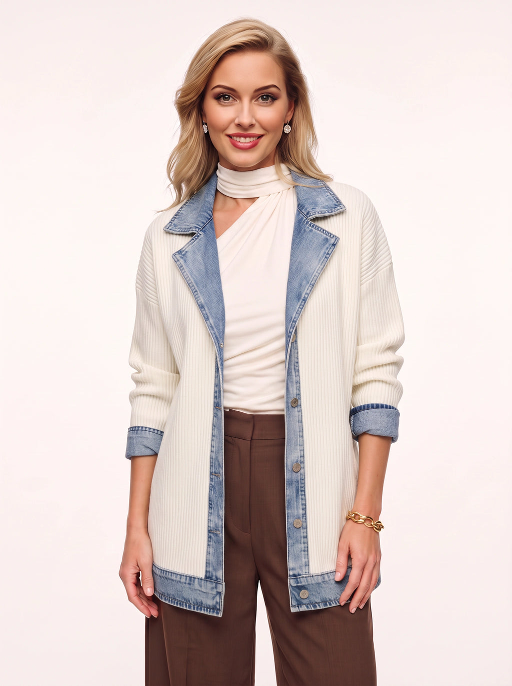 Trimborne Ribbed Denim-Trim Longline Cardigan – Ribbed Cardigan Women Casual Autumn Office Longline Jacket