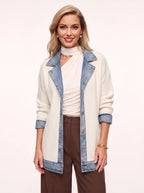Trimborne Ribbed Denim-Trim Longline Cardigan – Ribbed Cardigan Women Casual Autumn Office Longline Jacket