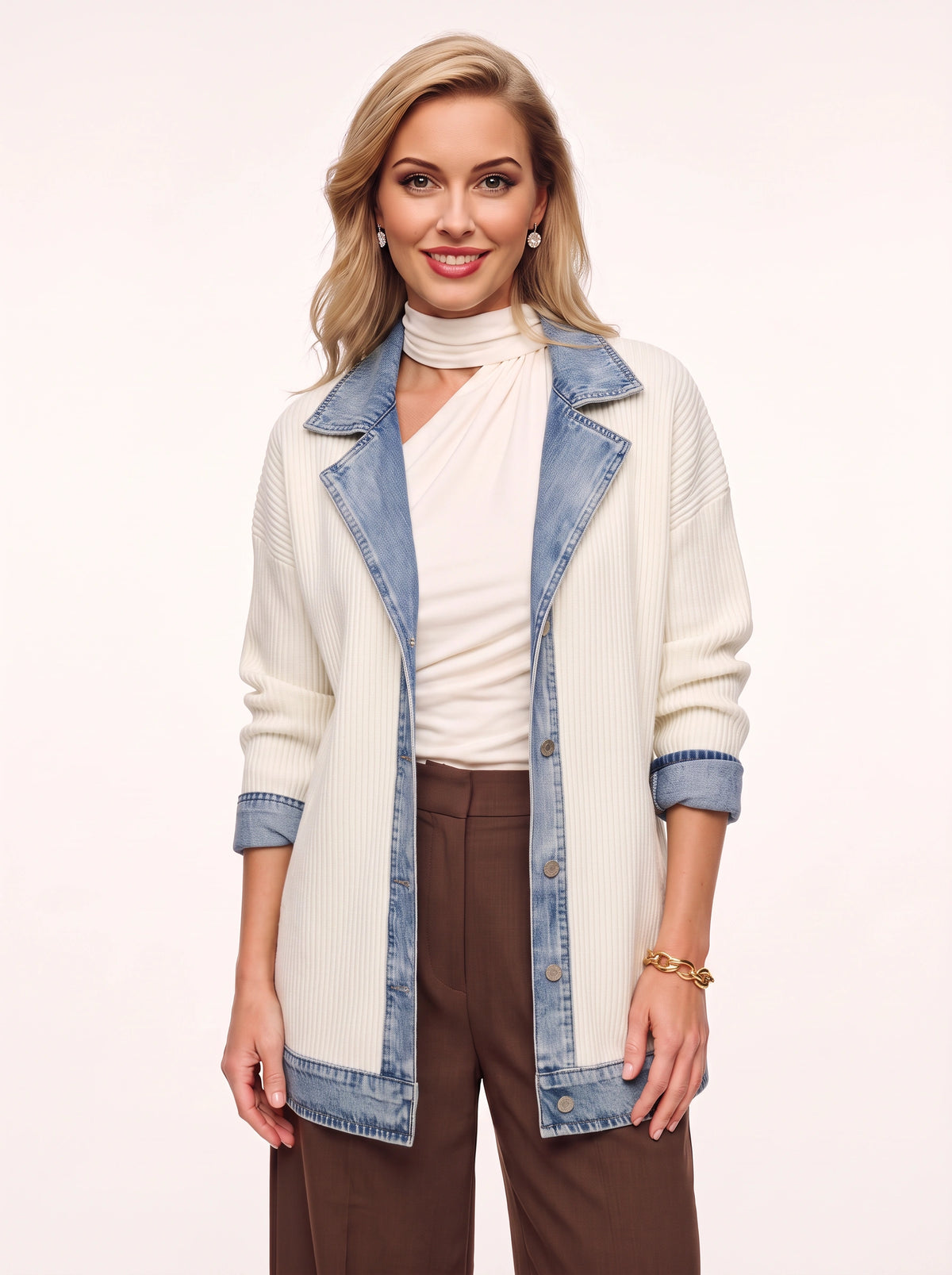 Trimborne Ribbed Denim-Trim Longline Cardigan – Ribbed Cardigan Women Casual Autumn Office Longline Jacket
