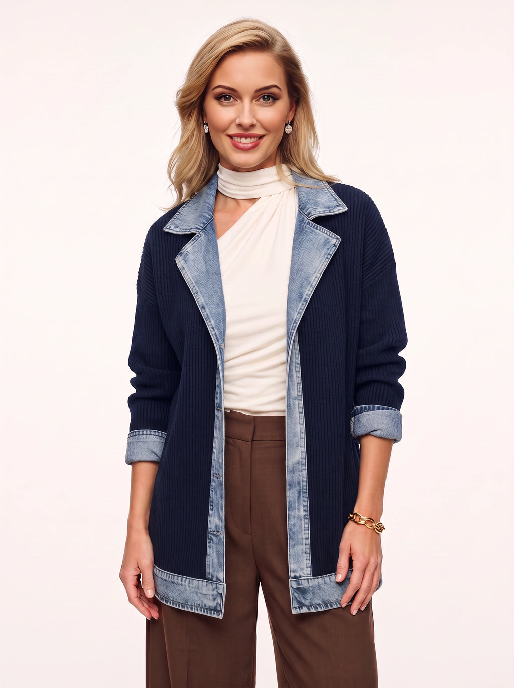 Trimborne Ribbed Denim-Trim Longline Cardigan – Ribbed Cardigan Women Casual Autumn Office Longline Jacket