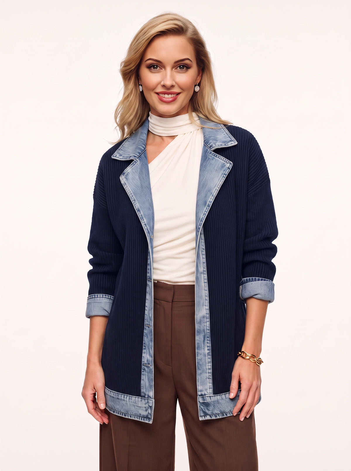 Trimborne Ribbed Denim-Trim Longline Cardigan – Ribbed Cardigan Women Casual Autumn Office Longline Jacket