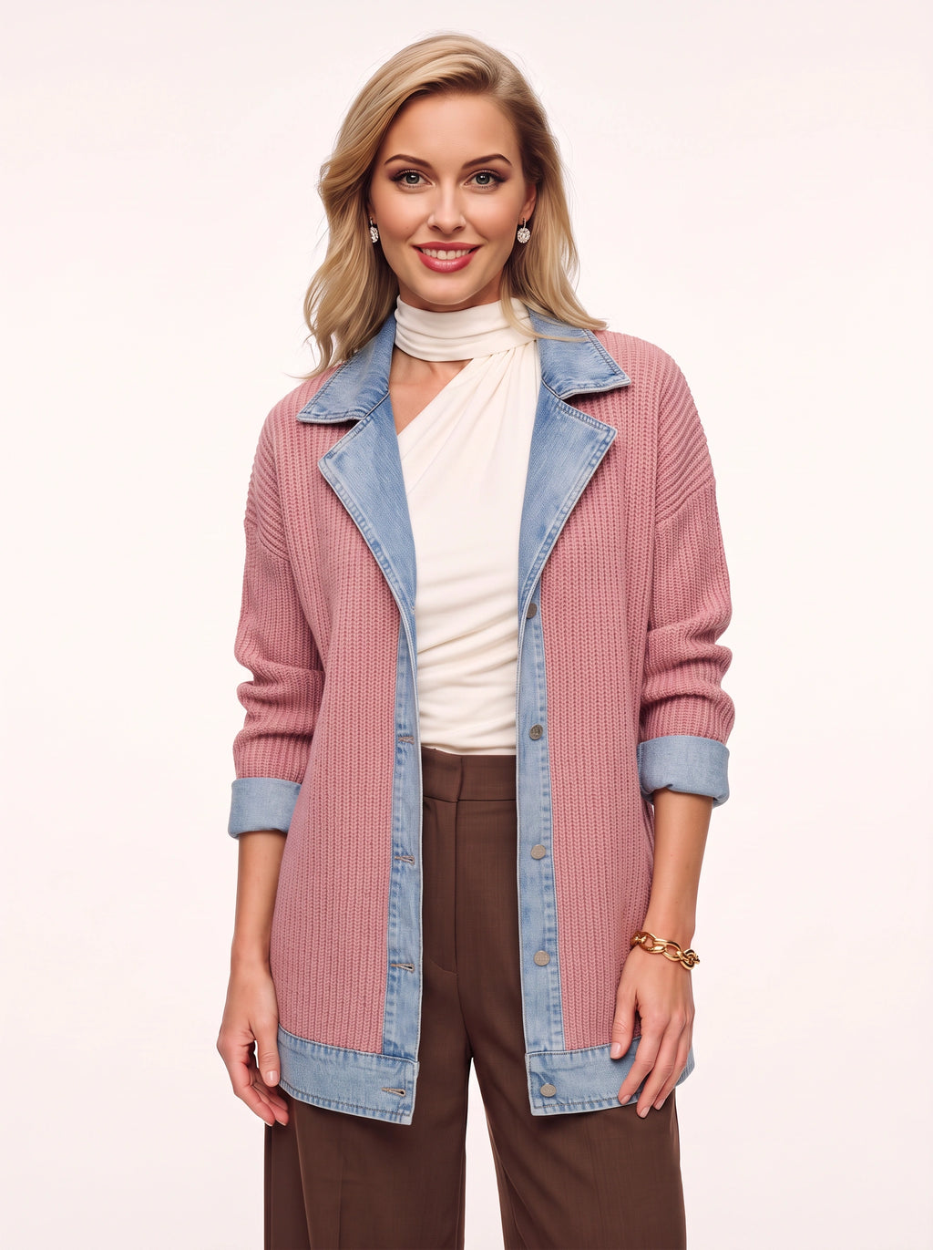 Trimborne Ribbed Denim-Trim Longline Cardigan – Ribbed Cardigan Women Casual Autumn Office Longline Jacket