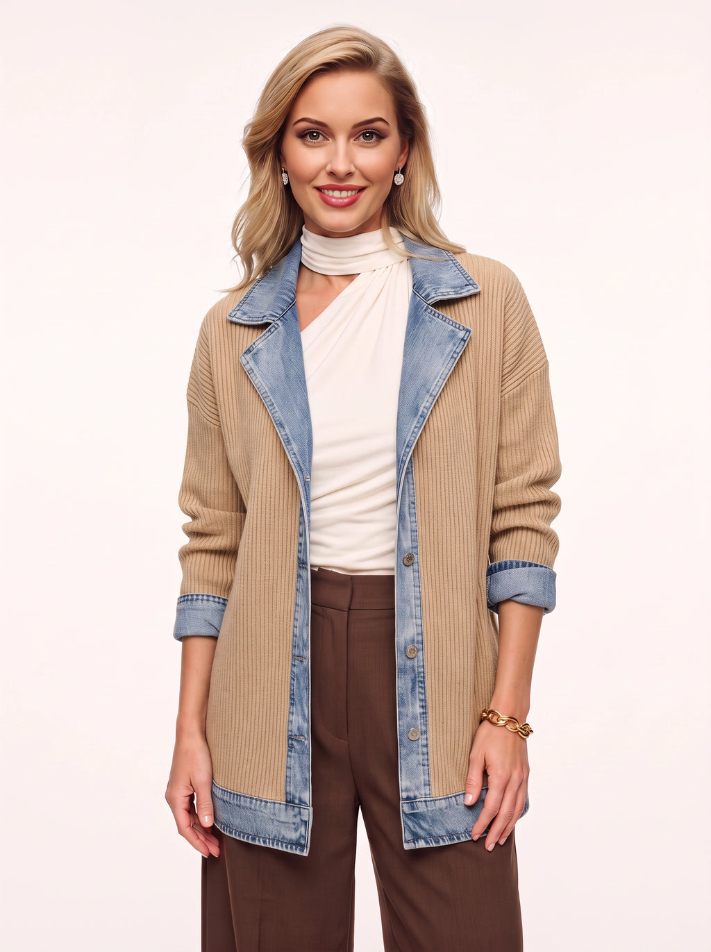 Trimborne Ribbed Denim-Trim Longline Cardigan – Ribbed Cardigan Women Casual Autumn Office Longline Jacket