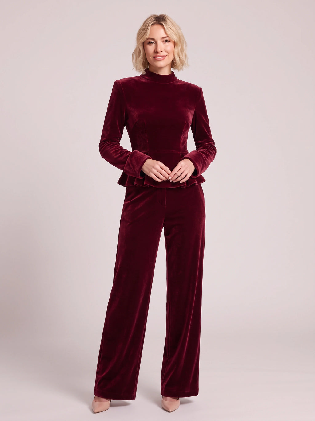 Peplyx Turtleneck Peplum Top Wide-Leg Trousers Co-Ord Set – Velvet Women Formal Evening Party Occasion Two Piece Set