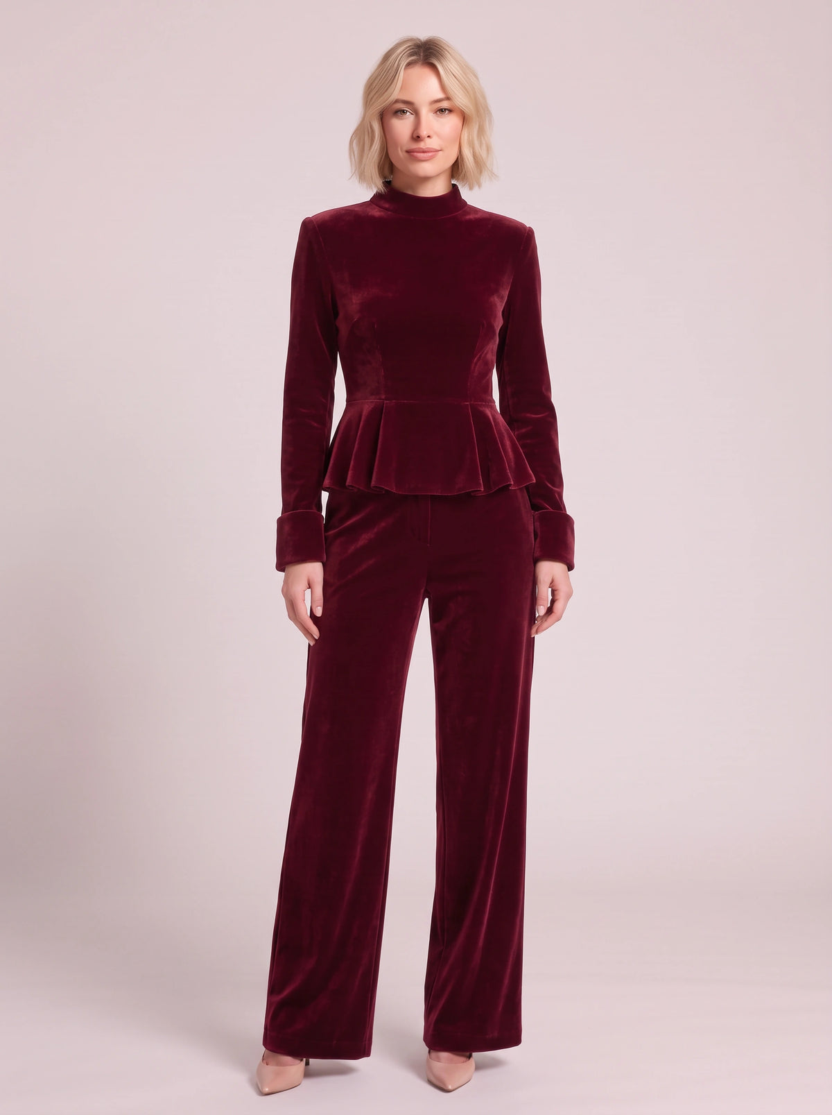 Peplyx Turtleneck Peplum Top Wide-Leg Trousers Co-Ord Set – Velvet Women Formal Evening Party Occasion Two Piece Set