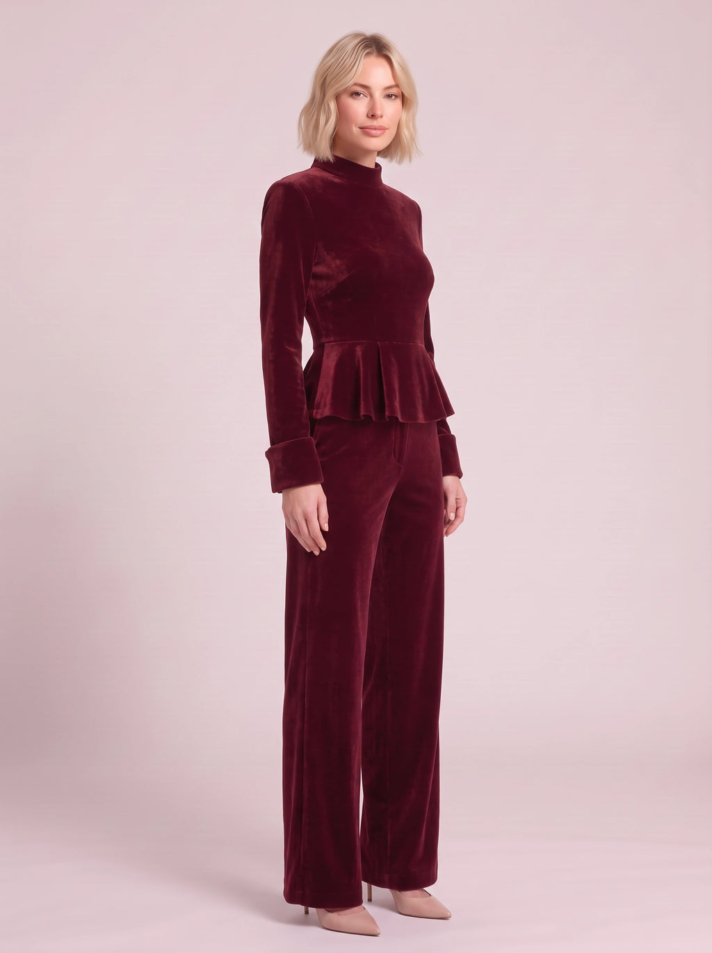 Peplyx Turtleneck Peplum Top Wide-Leg Trousers Co-Ord Set – Velvet Women Formal Evening Party Occasion Two Piece Set