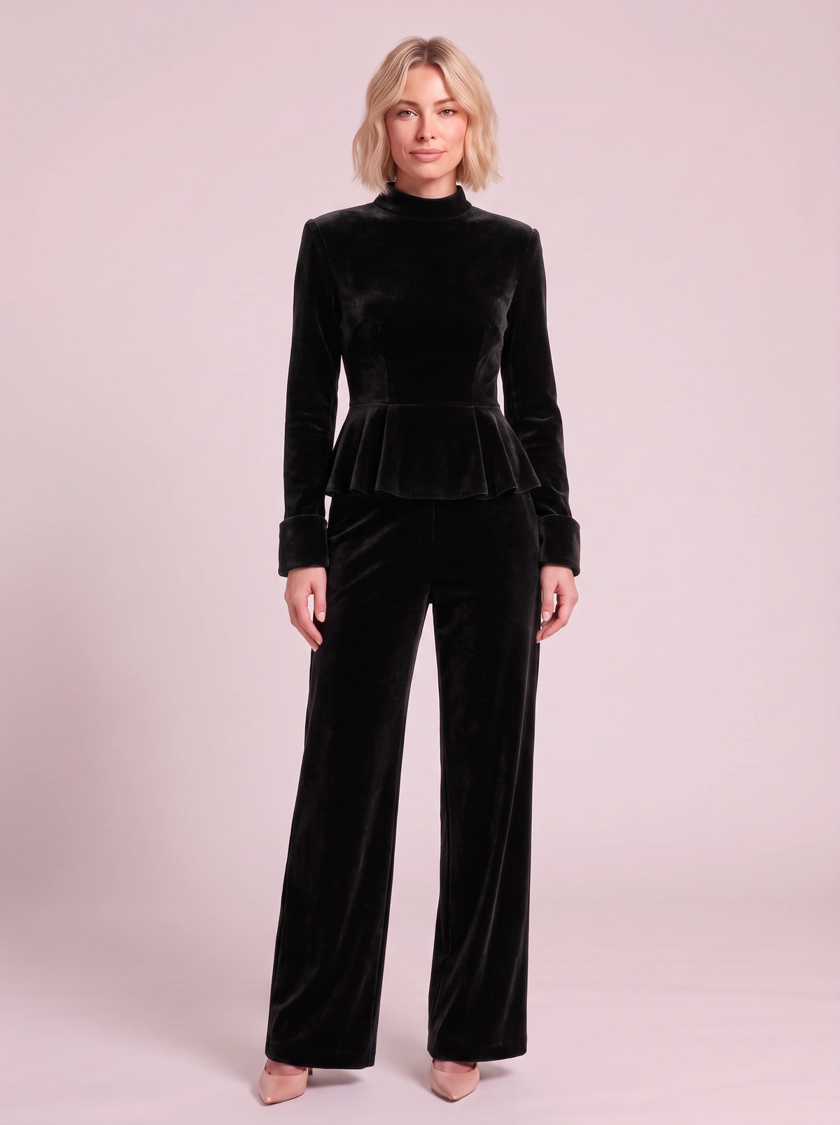 Peplyx Turtleneck Peplum Top Wide-Leg Trousers Co-Ord Set – Velvet Women Formal Evening Party Occasion Two Piece Set
