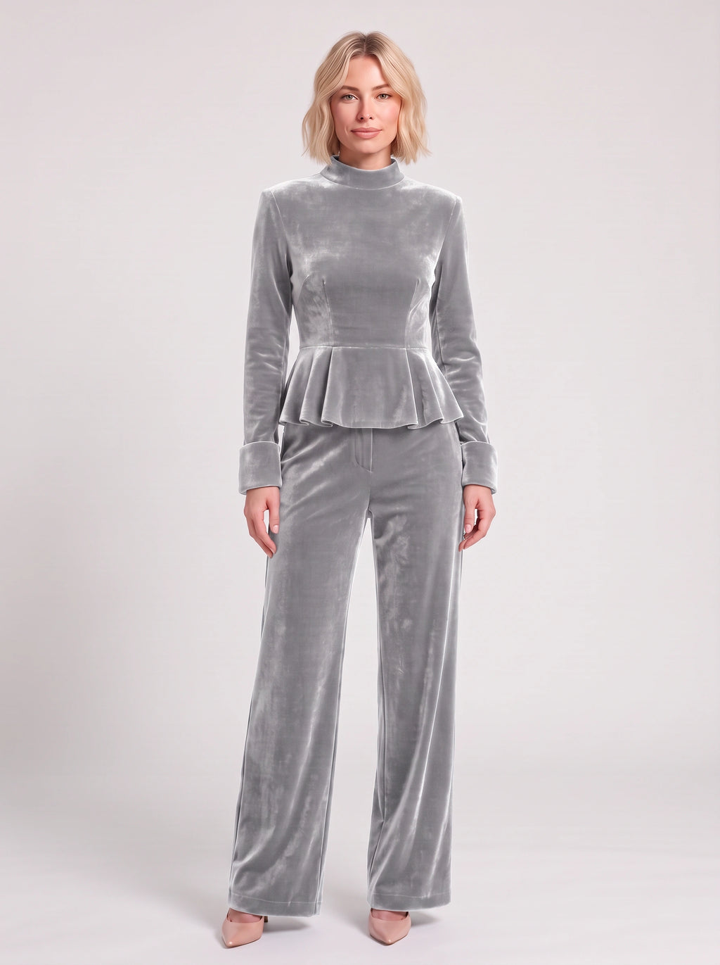 Peplyx Turtleneck Peplum Top Wide-Leg Trousers Co-Ord Set – Velvet Women Formal Evening Party Occasion Two Piece Set