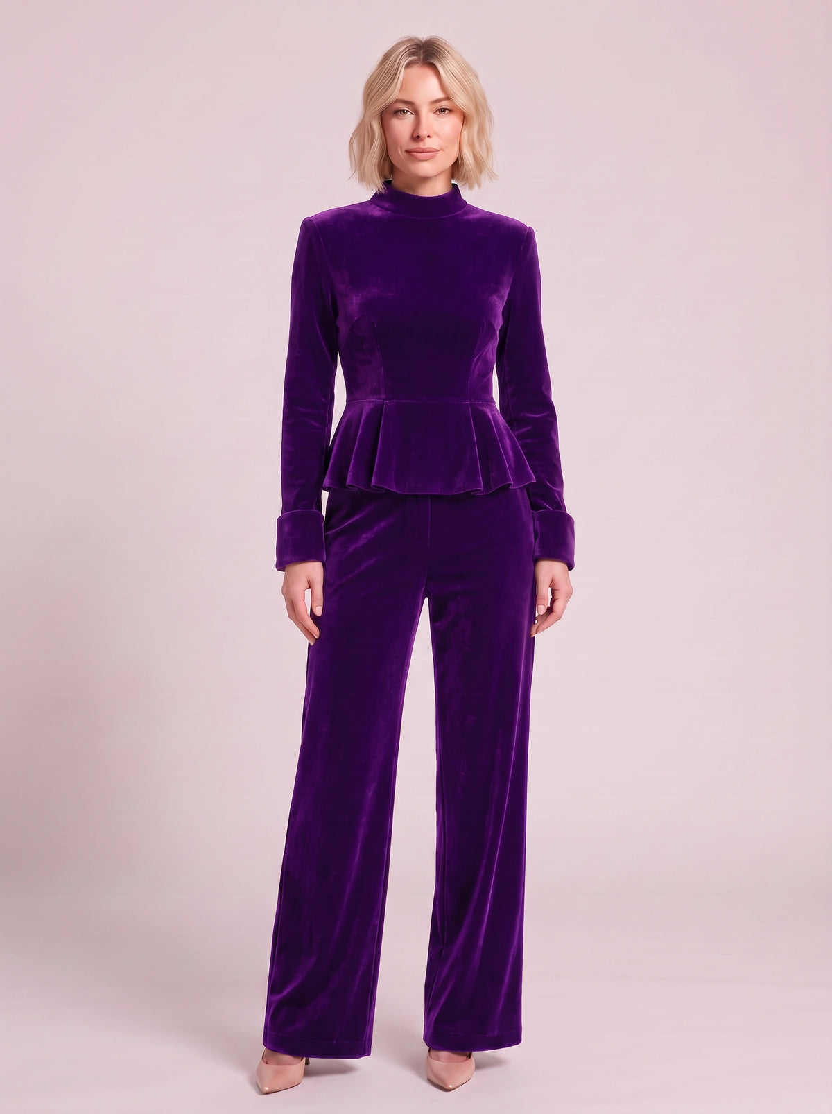 Peplyx Turtleneck Peplum Top Wide-Leg Trousers Co-Ord Set – Velvet Women Formal Evening Party Occasion Two Piece Set