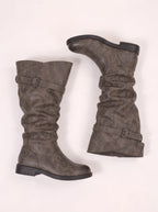 Bucwra Slouchy Knee High Boots – Buckle Strap Women Biker Distressed Low Heel Fall Winter Boots