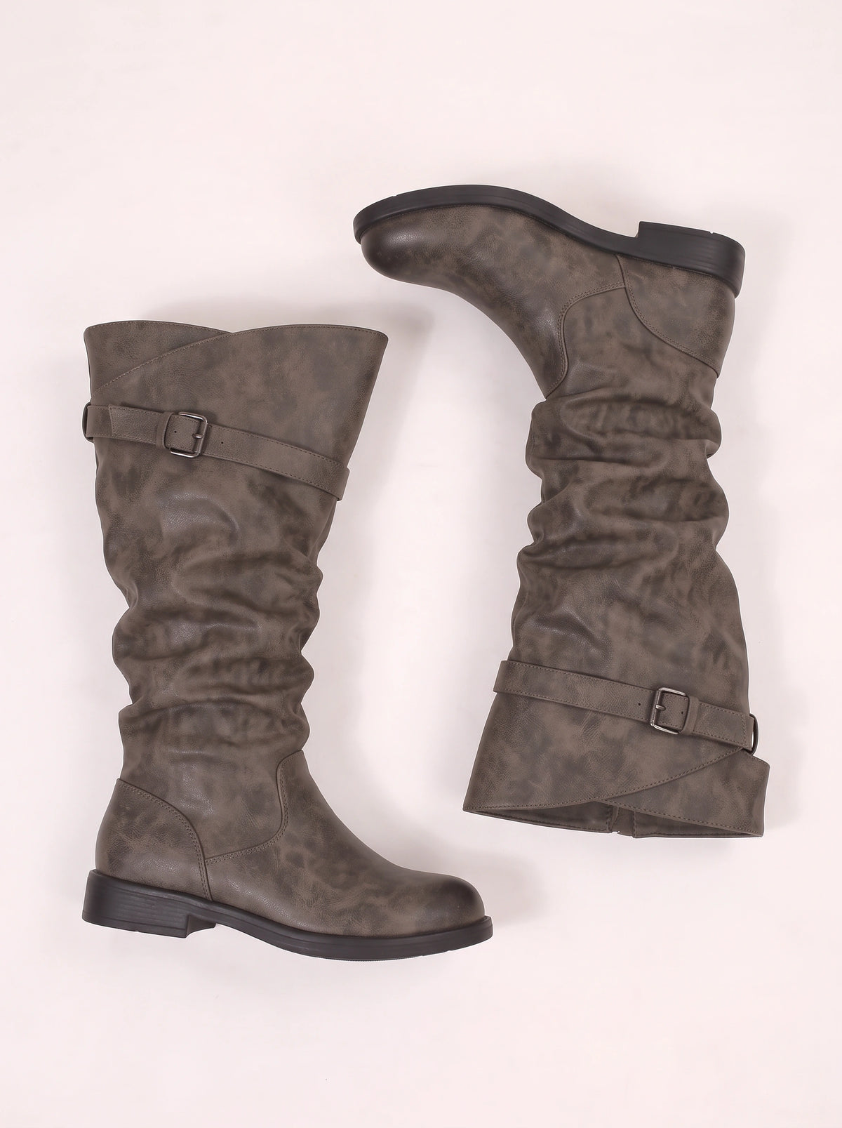 Bucwra Slouchy Knee High Boots – Buckle Strap Women Biker Distressed Low Heel Fall Winter Boots
