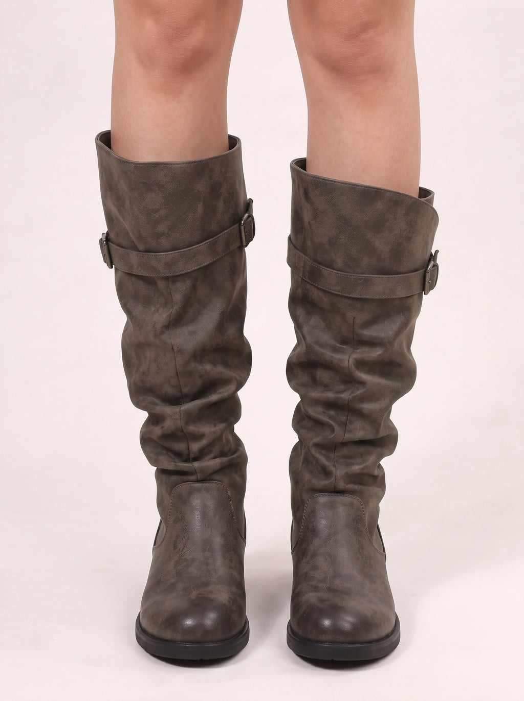 Bucwra Slouchy Knee High Boots – Buckle Strap Women Biker Distressed Low Heel Fall Winter Boots