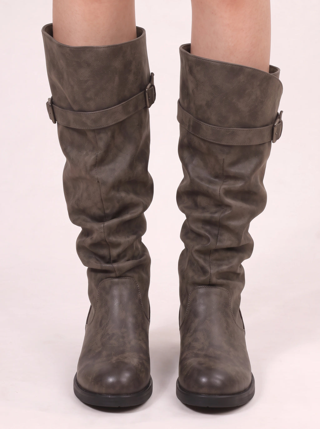 Bucwra Slouchy Knee High Boots – Buckle Strap Women Biker Distressed Low Heel Fall Winter Boots