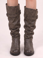 Bucwra Slouchy Knee High Boots – Buckle Strap Women Biker Distressed Low Heel Fall Winter Boots
