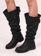 Bucwra Slouchy Knee High Boots – Buckle Strap Women Biker Distressed Low Heel Fall Winter Boots