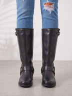 Duharnis Knee High Riding Boots – Women Buckle Harness Low Block Heel Biker Knee High Boots