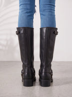 Duharnis Knee High Riding Boots – Women Buckle Harness Low Block Heel Biker Knee High Boots