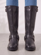 Duharnis Knee High Riding Boots – Women Buckle Harness Low Block Heel Biker Knee High Boots