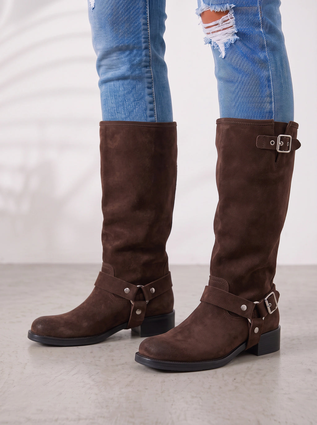 Duharnis Knee High Riding Boots – Women Buckle Harness Low Block Heel Biker Knee High Boots