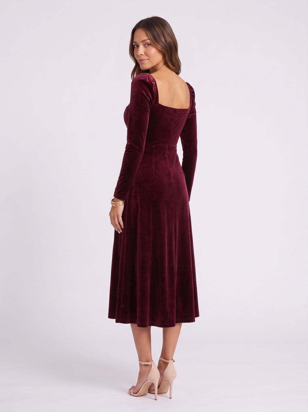 Pufthera Velvet Puff Sleeve Midi Dress – Women Party Wedding Guest Formal Evening Elegant A-Line Midi Dress