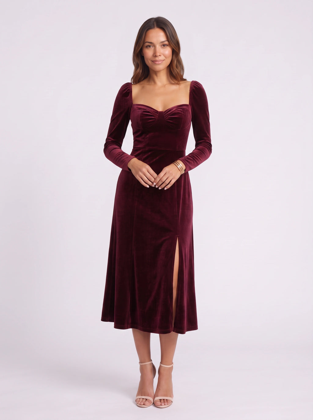 Pufthera Velvet Puff Sleeve Midi Dress – Women Party Wedding Guest Formal Evening Elegant A-Line Midi Dress