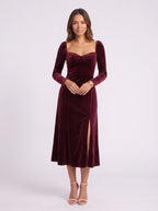 Pufthera Velvet Puff Sleeve Midi Dress – Women Party Wedding Guest Formal Evening Elegant A-Line Midi Dress