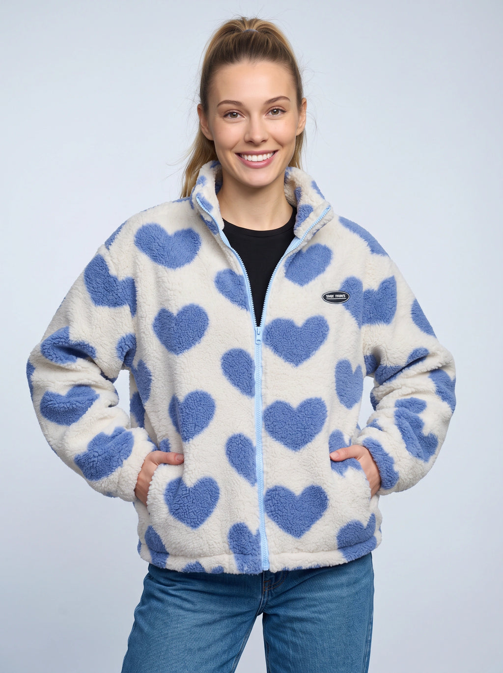 Reversa Reversible Fleece Jacket – Heart Pattern Teddy Fleece Women Casual Oversized Zip-Up Jacket