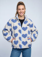 Reversa Reversible Fleece Jacket – Heart Pattern Teddy Fleece Women Casual Oversized Zip-Up Jacket