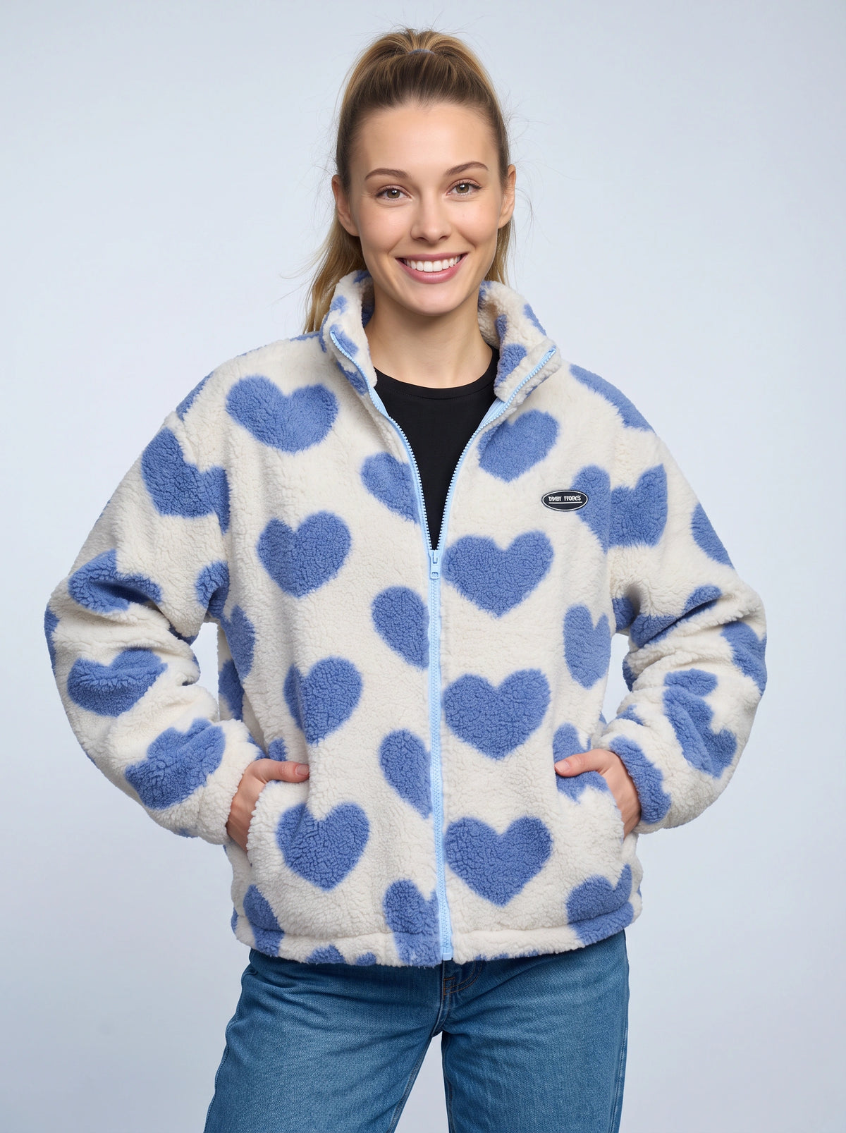 Reversa Reversible Fleece Jacket – Heart Pattern Teddy Fleece Women Casual Oversized Zip-Up Jacket