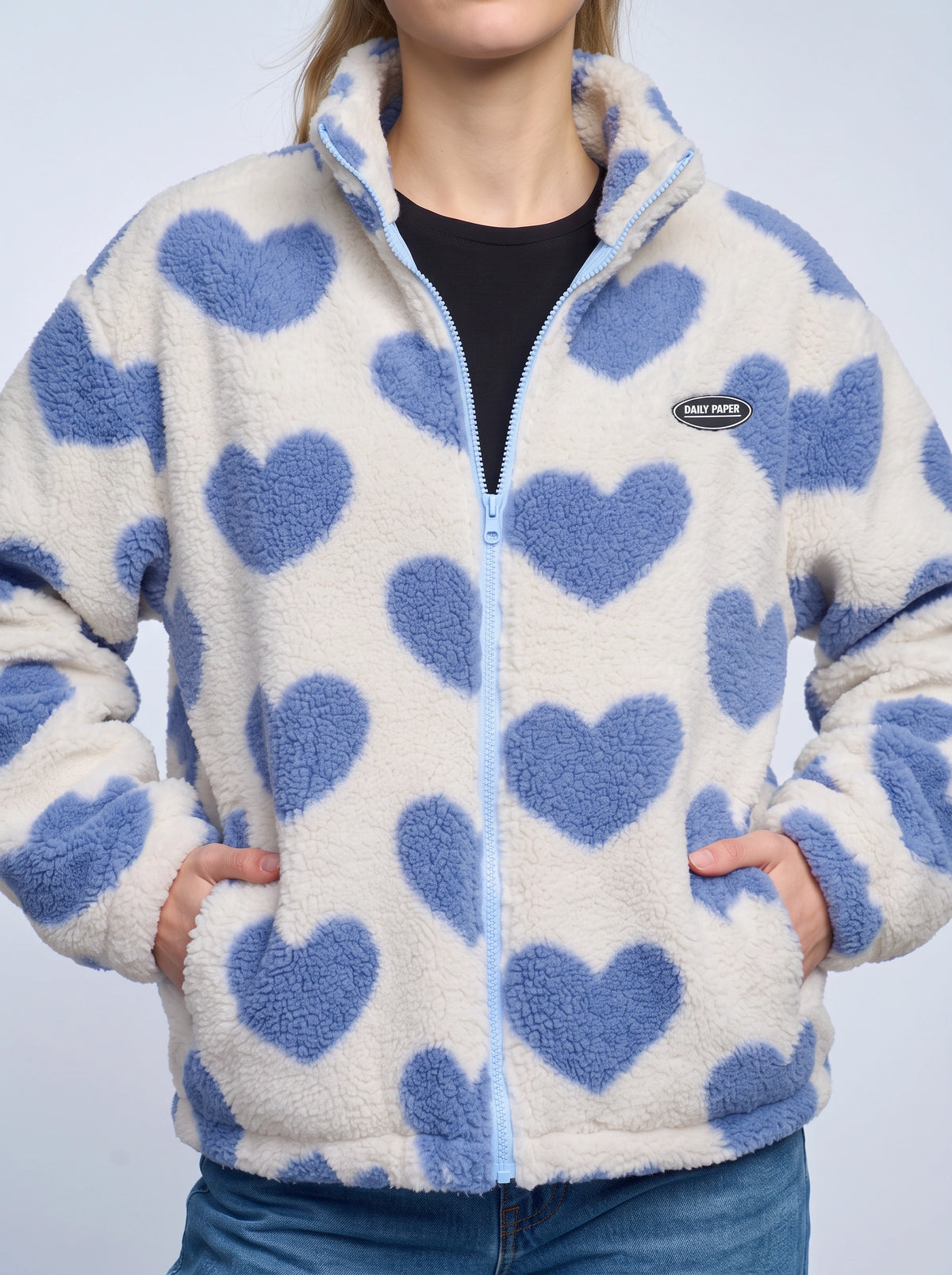 Reversa Reversible Fleece Jacket – Heart Pattern Teddy Fleece Women Casual Oversized Zip-Up Jacket