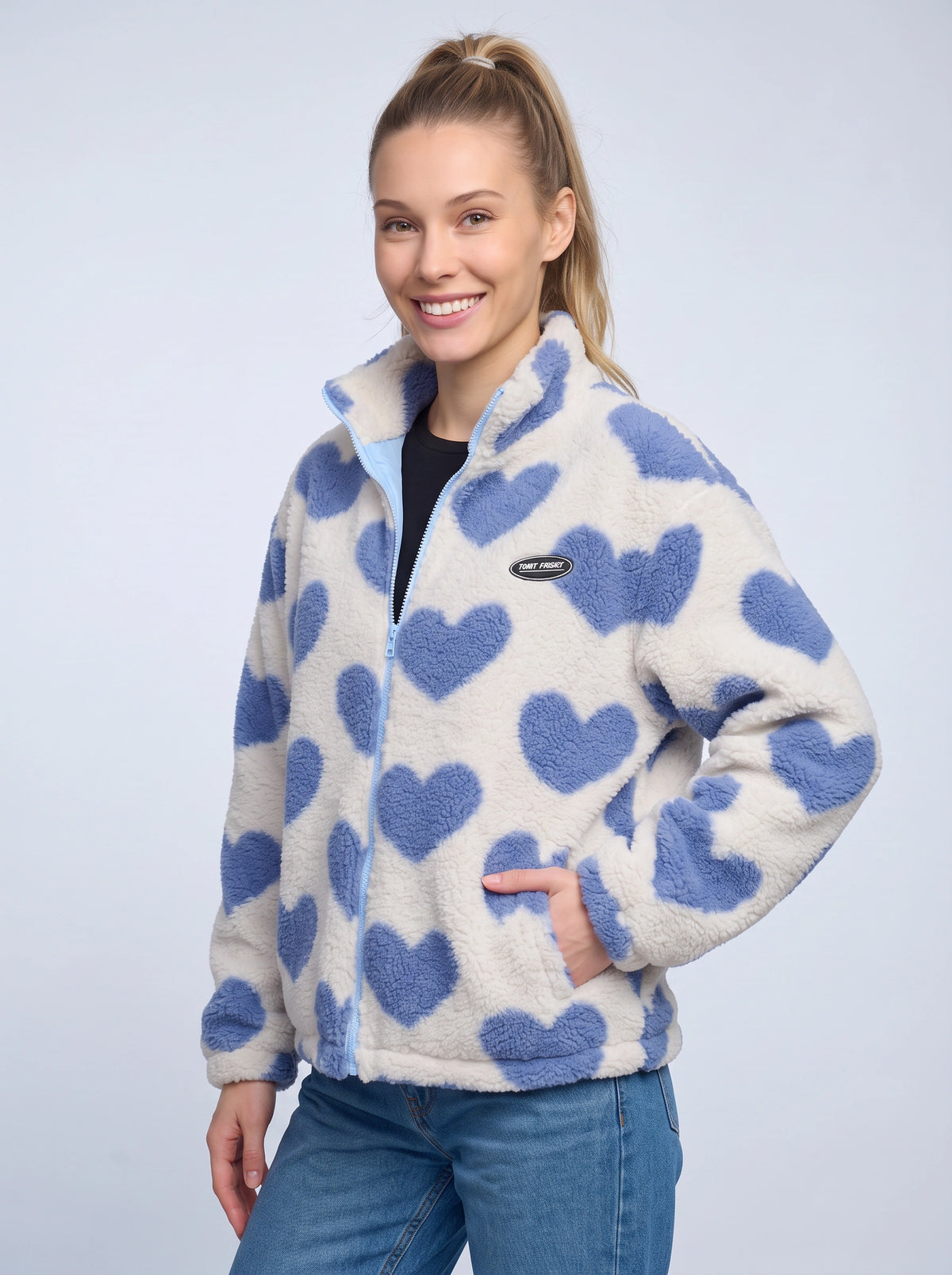 Reversa Reversible Fleece Jacket – Heart Pattern Teddy Fleece Women Casual Oversized Zip-Up Jacket