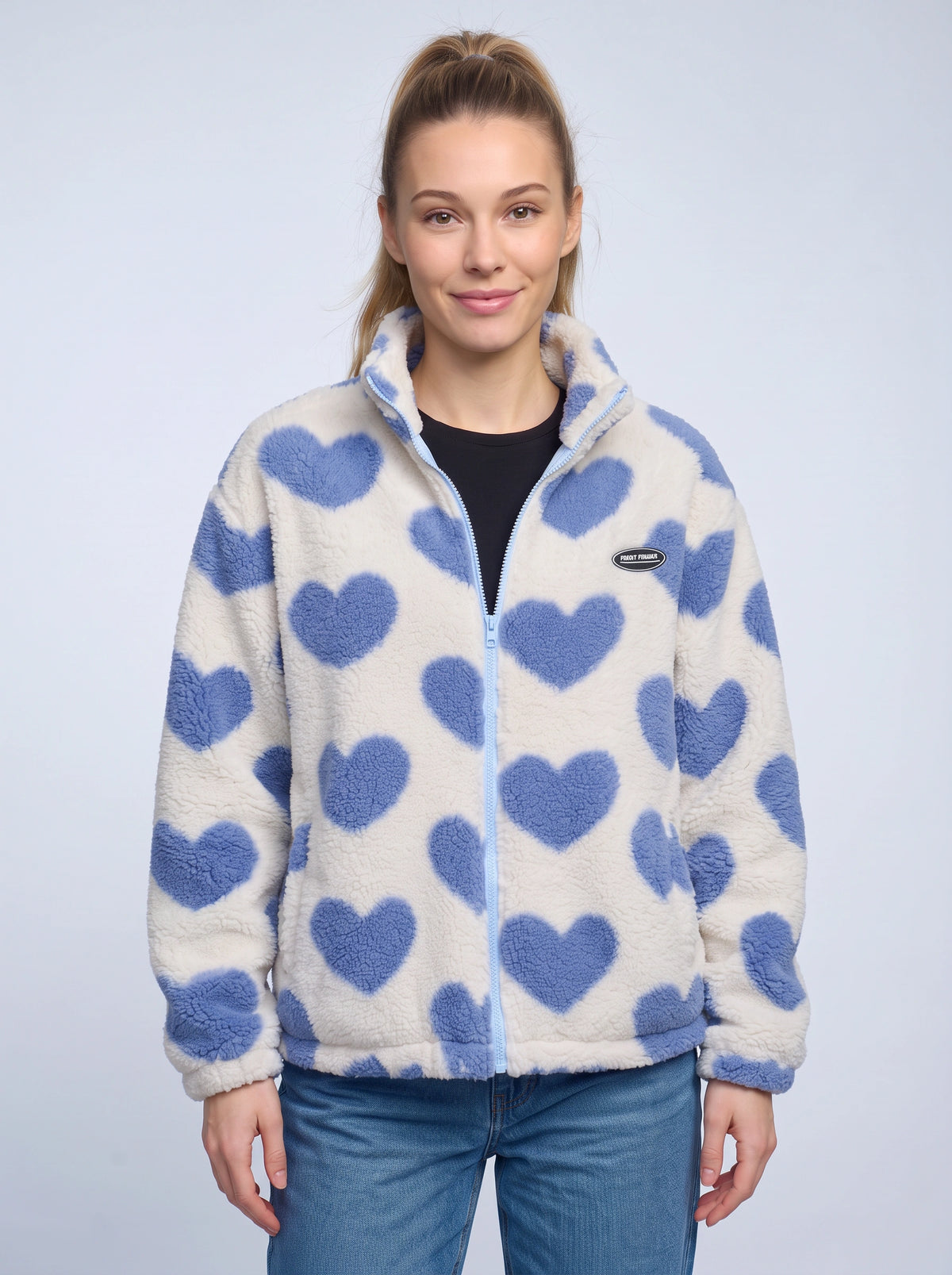 Reversa Reversible Fleece Jacket – Heart Pattern Teddy Fleece Women Casual Oversized Zip-Up Jacket