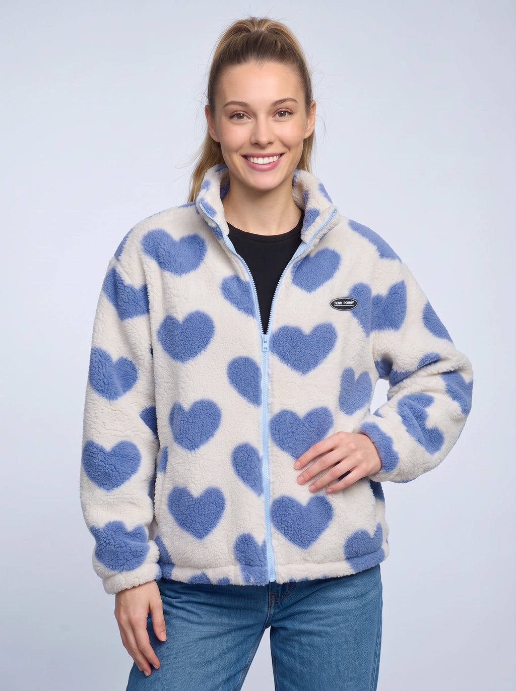 Reversa Reversible Fleece Jacket – Heart Pattern Teddy Fleece Women Casual Oversized Zip-Up Jacket