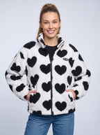 Reversa Reversible Fleece Jacket – Heart Pattern Teddy Fleece Women Casual Oversized Zip-Up Jacket