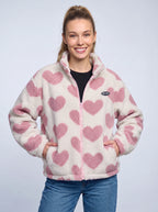 Reversa Reversible Fleece Jacket – Heart Pattern Teddy Fleece Women Casual Oversized Zip-Up Jacket