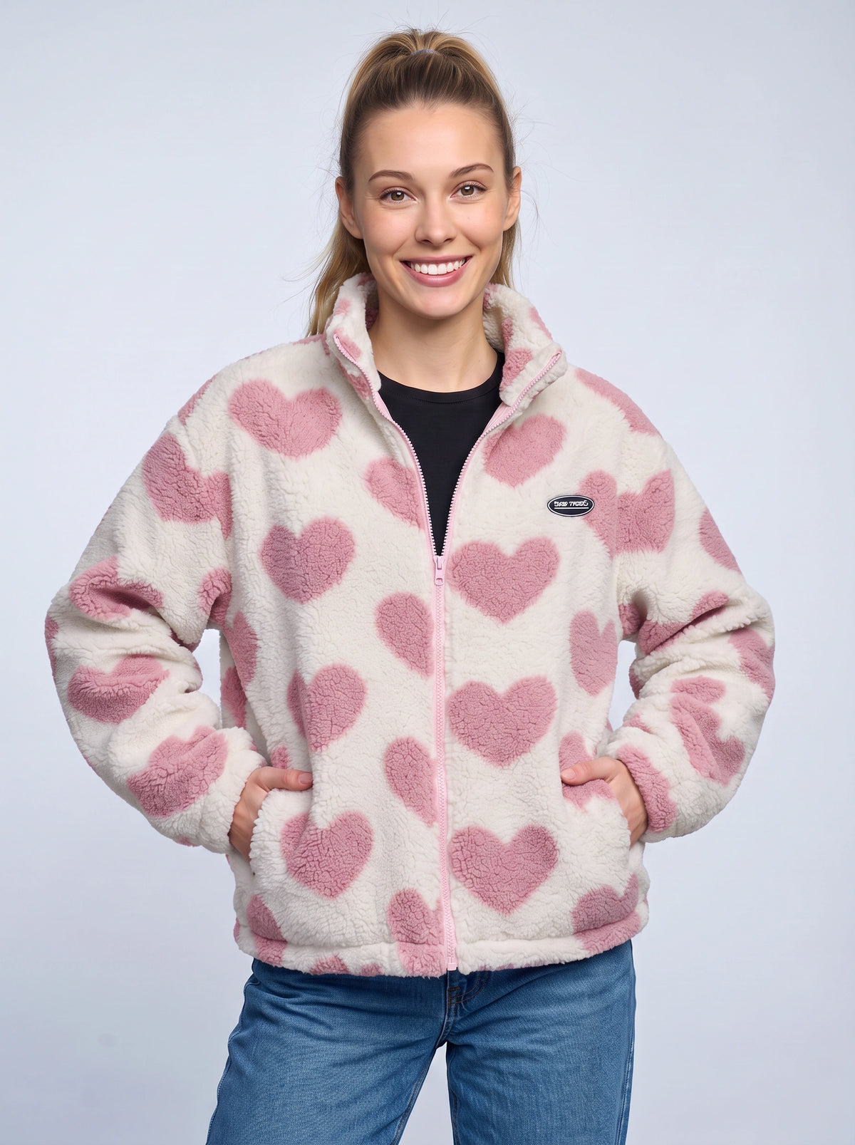 Reversa Reversible Fleece Jacket – Heart Pattern Teddy Fleece Women Casual Oversized Zip-Up Jacket