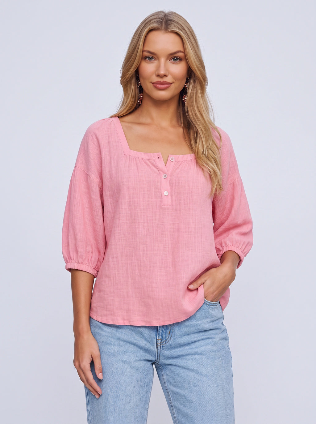 Sliema Square Neck Linen Blouse – Women Casual Relaxed Fit Button Front 3/4 Sleeve Top