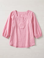 Sliema Square Neck Linen Blouse – Women Casual Relaxed Fit Button Front 3/4 Sleeve Top