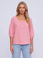 Sliema Square Neck Linen Blouse – Women Casual Relaxed Fit Button Front 3/4 Sleeve Top