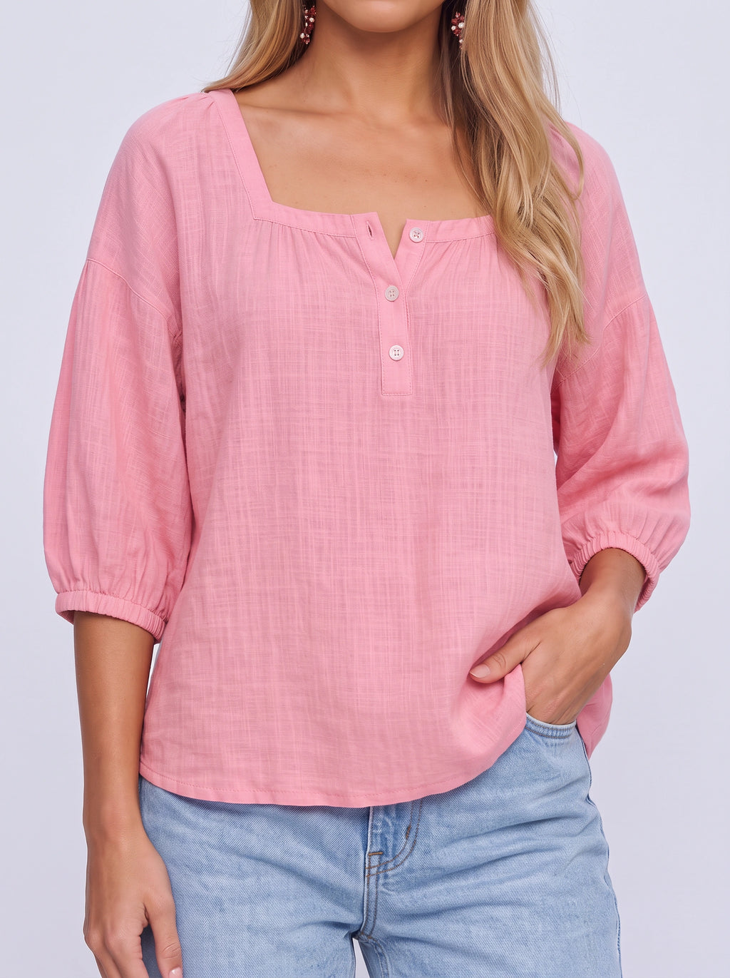 Sliema Square Neck Linen Blouse – Women Casual Relaxed Fit Button Front 3/4 Sleeve Top