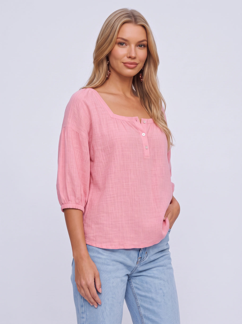 Sliema Square Neck Linen Blouse – Women Casual Relaxed Fit Button Front 3/4 Sleeve Top