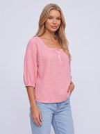 Sliema Square Neck Linen Blouse – Women Casual Relaxed Fit Button Front 3/4 Sleeve Top