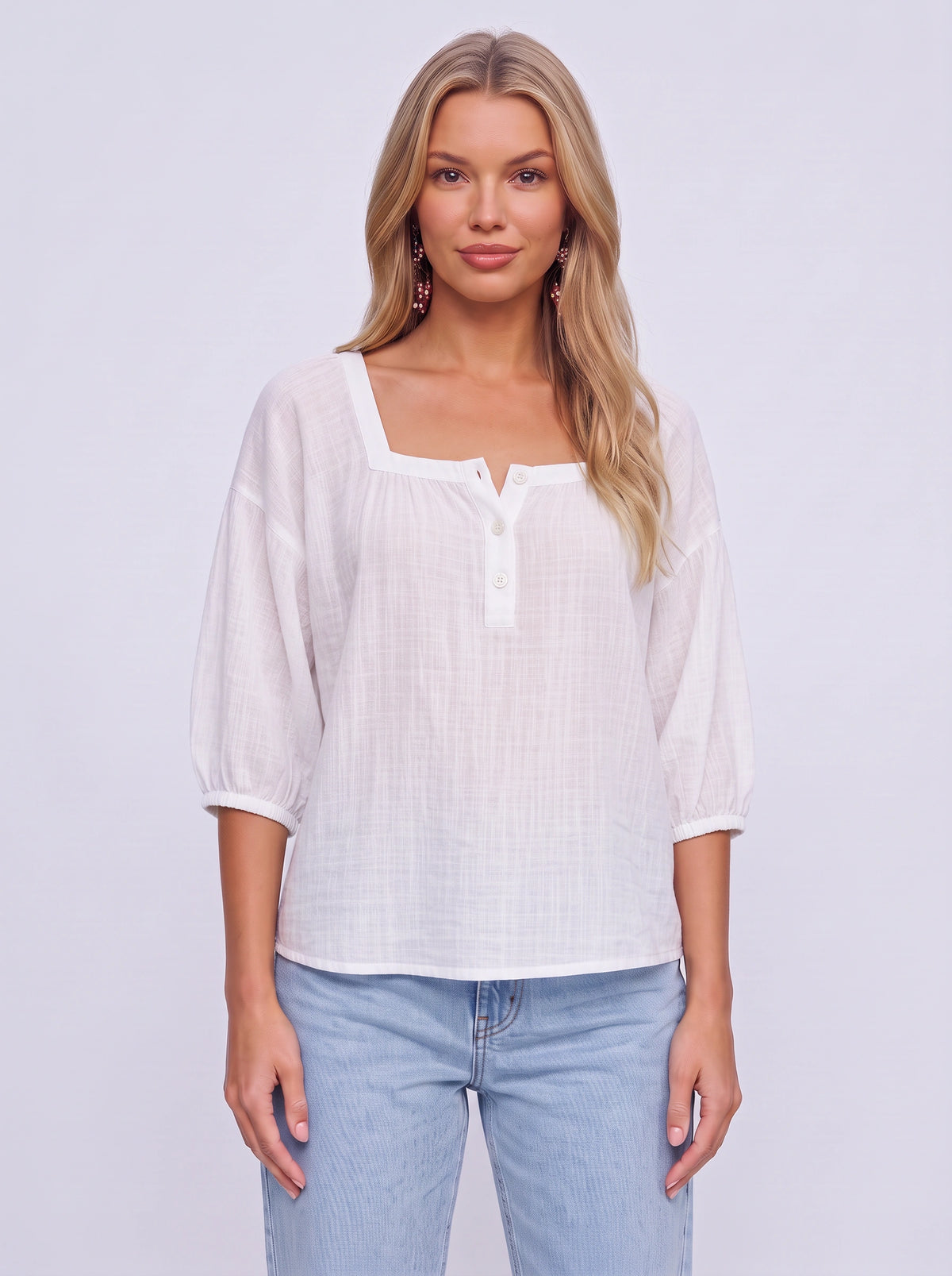 Sliema Square Neck Linen Blouse – Women Casual Relaxed Fit Button Front 3/4 Sleeve Top