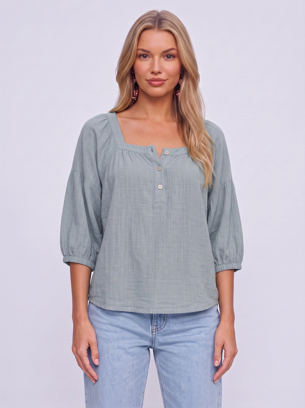 Sliema Square Neck Linen Blouse – Women Casual Relaxed Fit Button Front 3/4 Sleeve Top