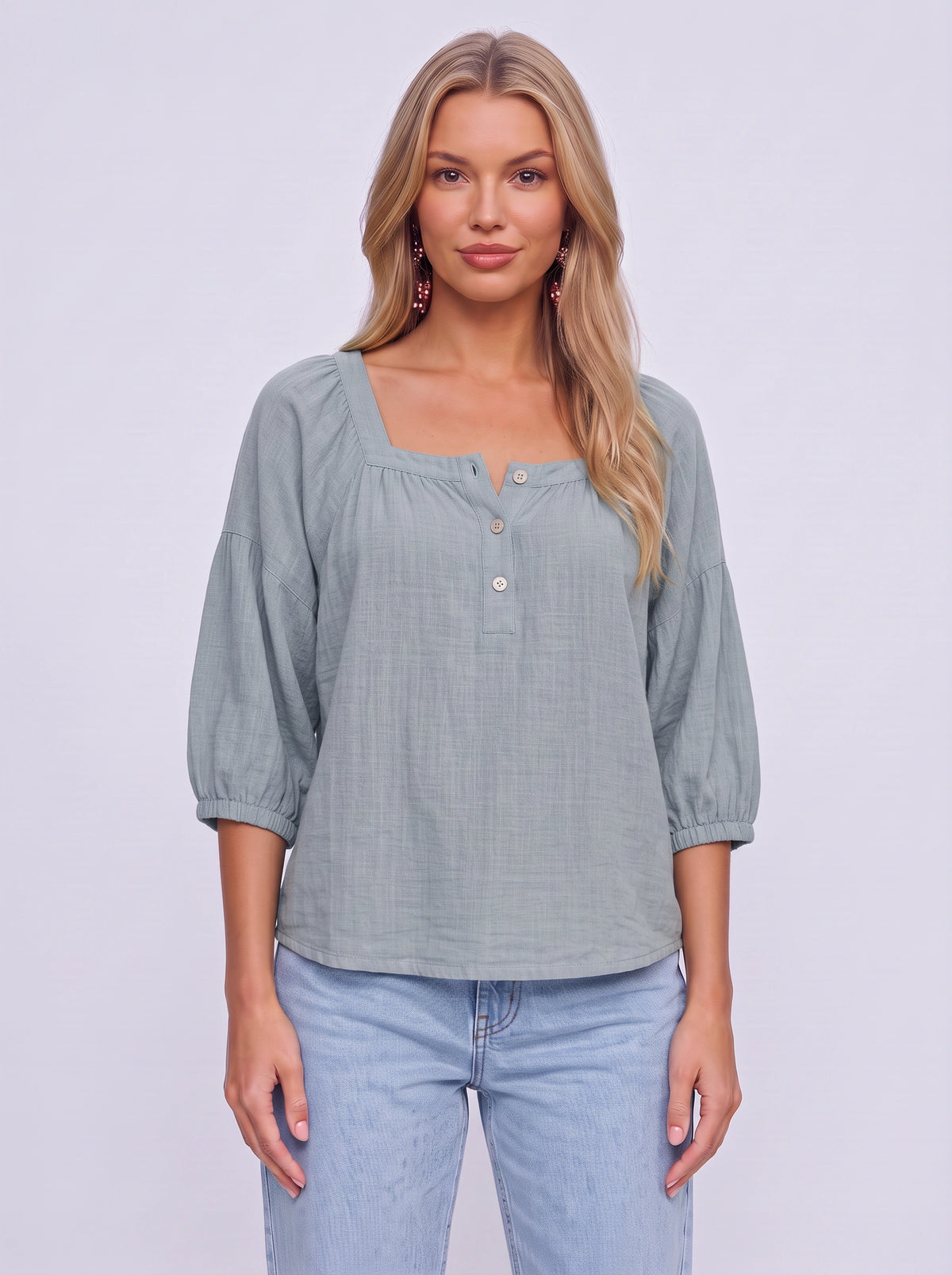 Sliema Square Neck Linen Blouse – Women Casual Relaxed Fit Button Front 3/4 Sleeve Top