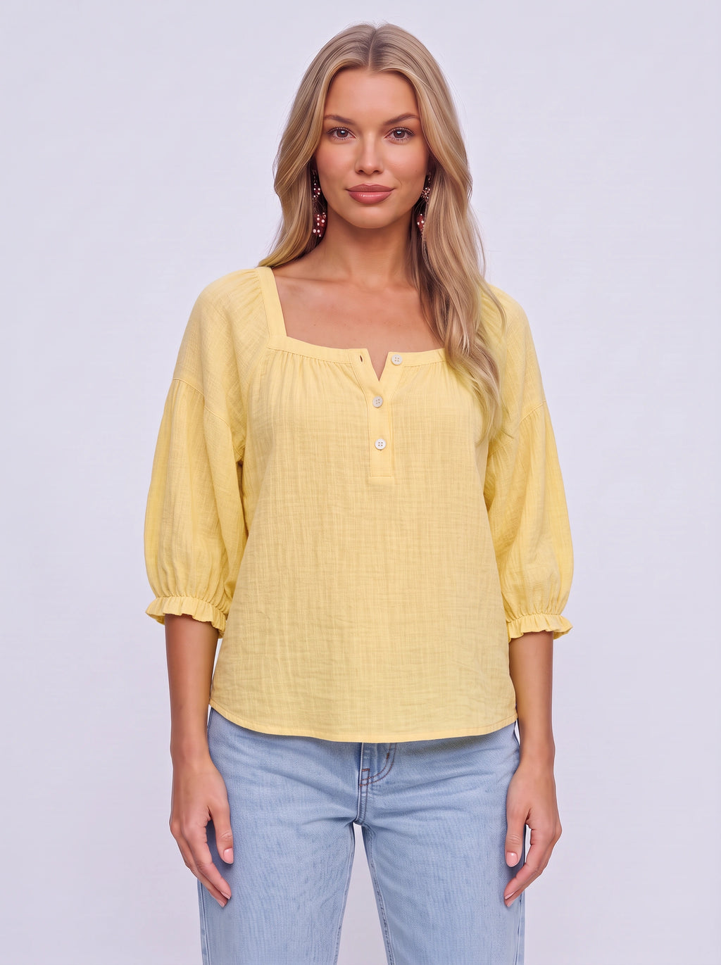Sliema Square Neck Linen Blouse – Women Casual Relaxed Fit Button Front 3/4 Sleeve Top