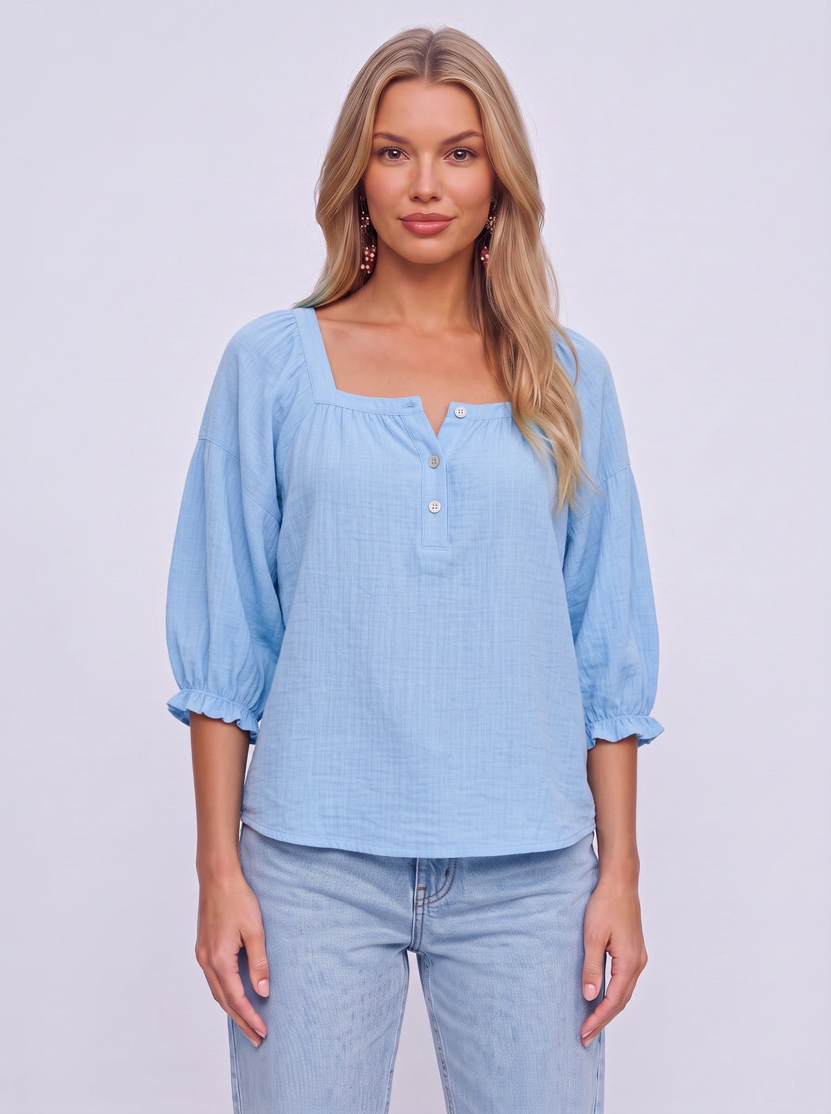 Sliema Square Neck Linen Blouse – Women Casual Relaxed Fit Button Front 3/4 Sleeve Top