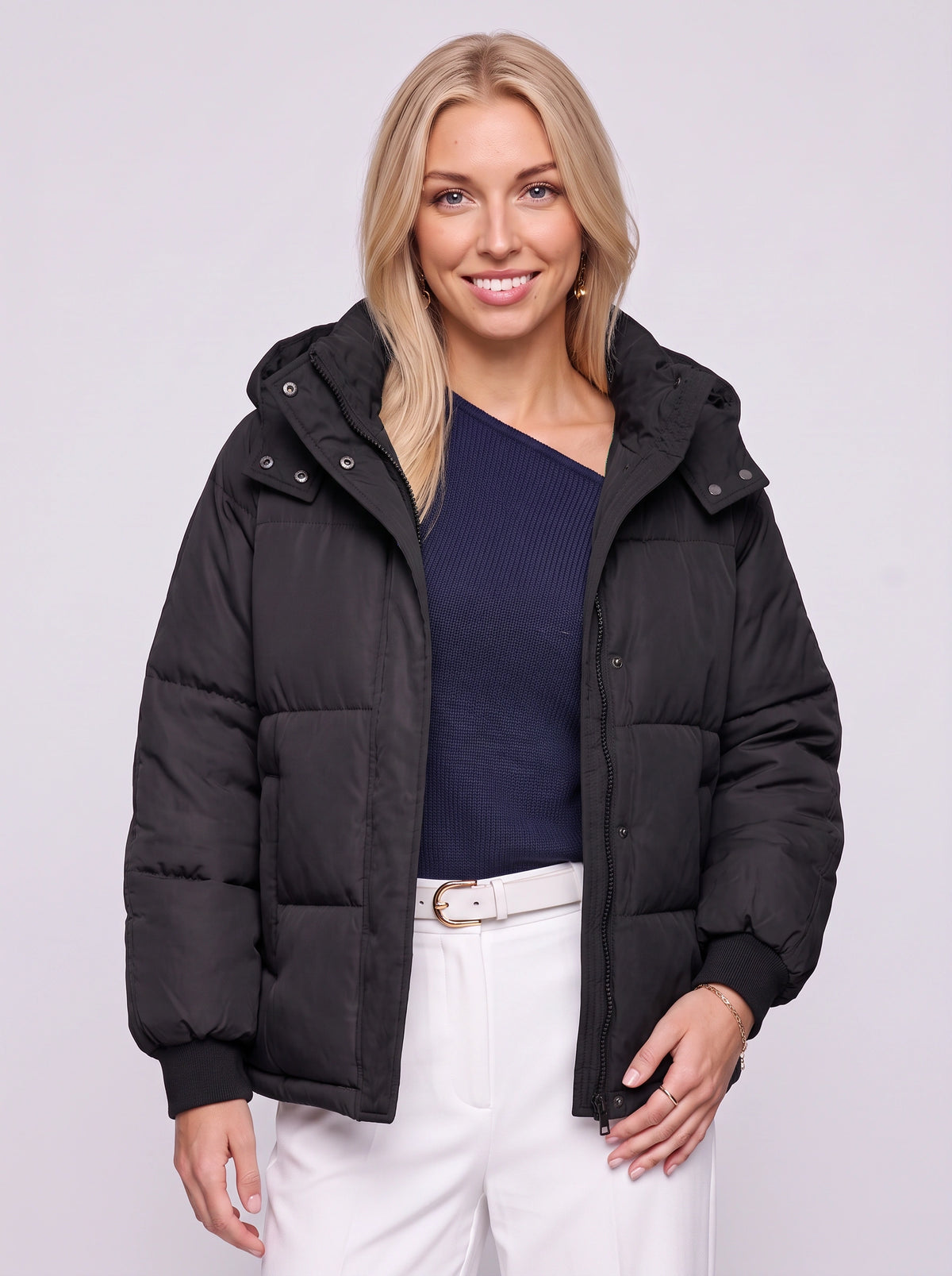 Ribkova Oversized Hooded Puffer Jacket – Padded Quilted Women Casual Winter Outerwear Cropped Bomber Jacket