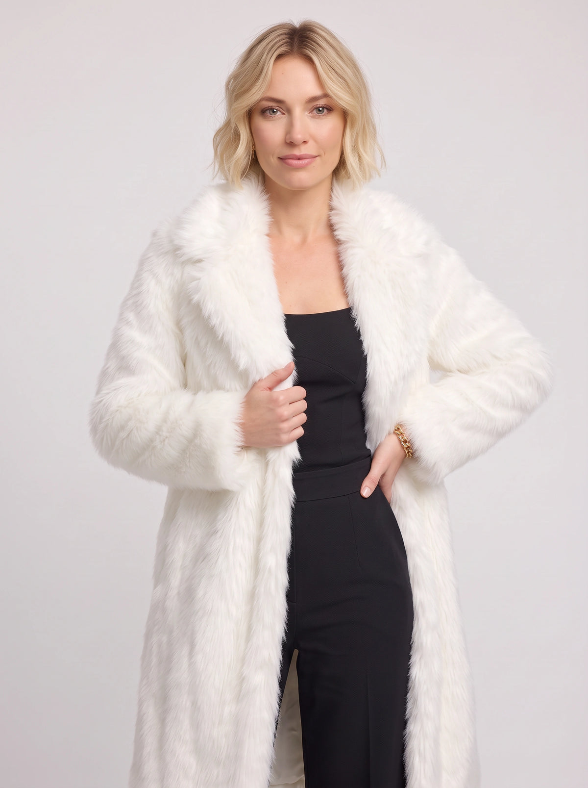 Shawlane Longline Faux Fur Coat – Women Long Fluffy Jacket Winter Evening Party Oversized Outerwear Coat